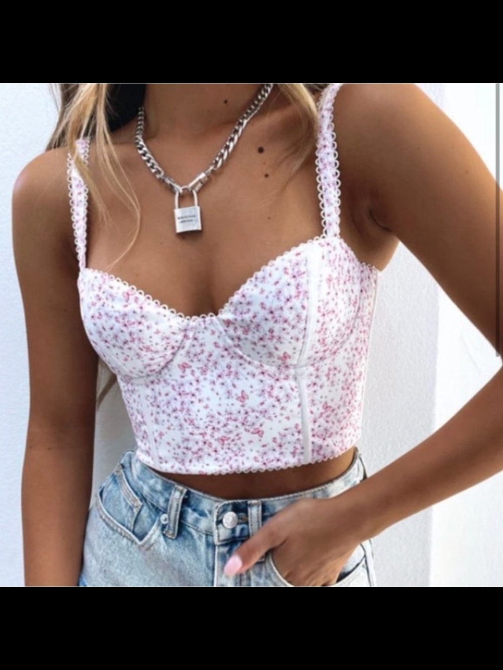White Fox Boutique NEW Weekend Love Bustier Top with Pink Butterfly Floral Large